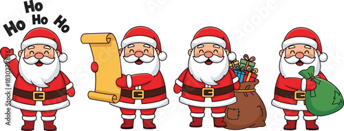 Santa Claus Character Set with Ho Ho Ho, Reading Wishlist, Gift Sack, and Christmas Holiday Delivery Illustration, Festive, Merry, and Cute Cartoon Vector