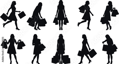 Women shopping silhouettes set, walking, running, and standing while holding many shopping bags, vector icons for retail, consumerism, and sales events