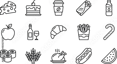 Set of diverse linear food and drink icons featuring cheese, cake, coffee, water, apple, wine, croissant, fries, candy, sushi, wheat, roasted chicken, hot dog, and watermelon slice.