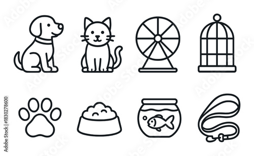 Pet icons featuring dog, cat, hamster wheel, and bird cage on dark background