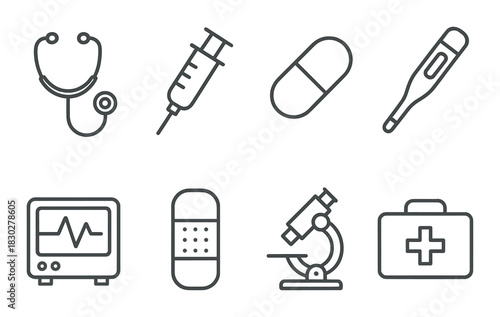 Medical equipment icons: stethoscope, syringe, pill, thermometer, monitor, bandage, microscope, first aid kit