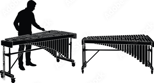 Silhouette of a skilled male musician playing a large marimba percussion instrument, isolated on white background, studio shot, concert, music, black and white.