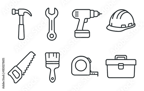 Silhouette icons of hand tools on dark background