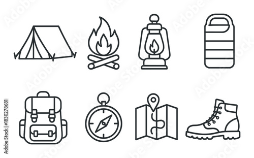 Camping essentials icons: tent, campfire, lantern, sleeping bag, backpack, compass, map, boots
