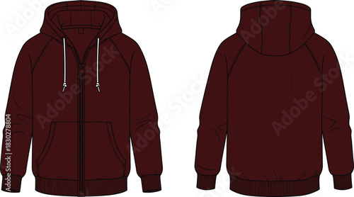 Zip-up hoodie front and back flat sketch, drawstring hood metal tip kangaroo pocket ribbed cuff hem detail, cad drawing vector illustration fashion template