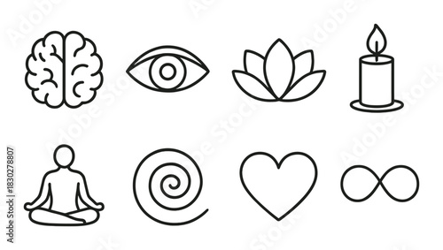 Symbols of mindfulness and meditation featuring brain, eye, lotus, and candle icons
