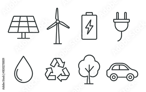 Sustainable energy icons: solar, wind, battery, plug, water, recycling, tree, car