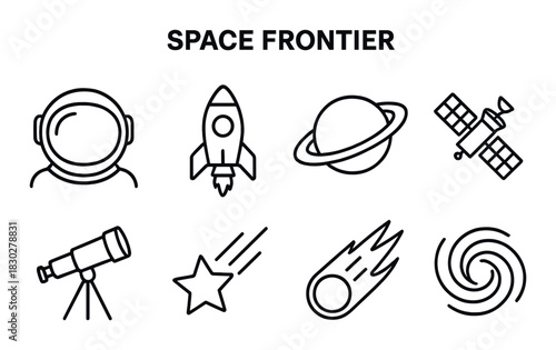 Space frontier icons: astronaut, rocket, planet, satellite, telescope, star, comet, galaxy