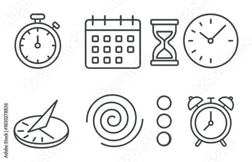 Monochrome time icons: stopwatch, clock, calendar, hourglass, compass, spiral, alarm