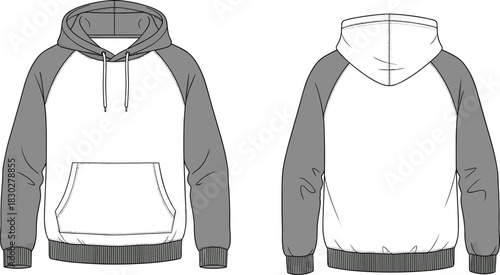 Two-tone hoodie front and back flat sketch, raglan sleeve drawstring hood kangaroo pocket ribbed cuff hem, cad drawing flat vector illustration template