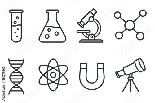 Science icons: test tube, microscope, dna, atom, telescope