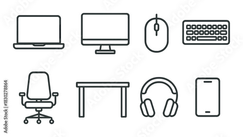 Outline icons of computer setup: laptop, monitor, mouse, keyboard, chair, desk, headphones, tablet