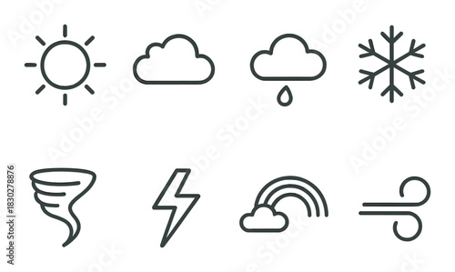 Weather symbols: sun, clouds, rain, snow, tornado, lightning, rainbow, wind