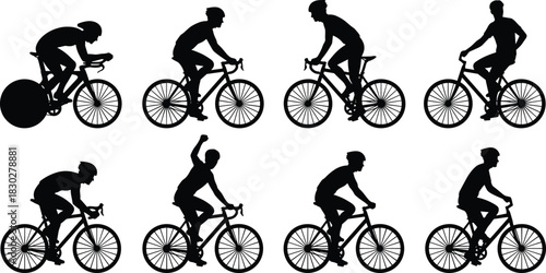 Silhouettes of competitive male cyclists riding various racing and road bikes, illustrating cycling sport, fitness, speed, and endurance on a white background.