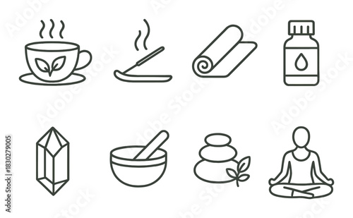 Wellness icons: yoga, aromatherapy, meditation, herbal tea, and crystals for relaxation