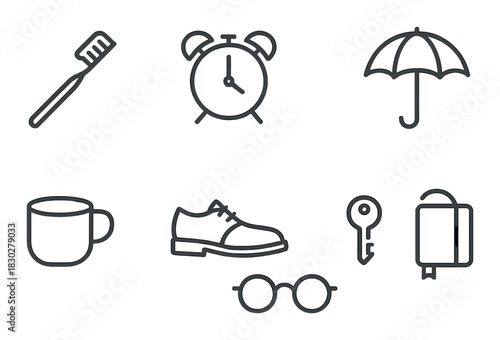 Monochrome icons: toothbrush, alarm clock, umbrella, coffee cup, shoe, key, glasses, book