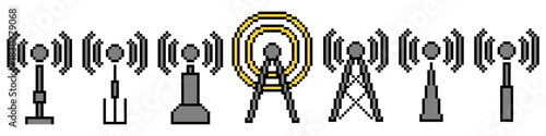 Set Pixel Signal Tower Icon Vector Ideal for gaming, telecommunication, network, and coverage graphics in an 8-bit style. Symbolizes connection, range, broadcast, and communication.