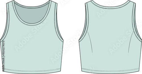 Sleeveless crop top front and back flat sketch, scoop neckline wide strap back dart detail, cad drawing flat vector illustration fashion template