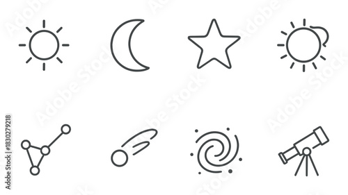 Minimalistic astronomy icons: sun moon star telescope constellation