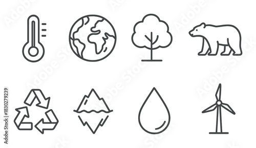 Climate change icons: earth, tree, polar bear, recycling, water, wind energy