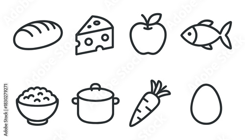 Outline icons of bread, cheese, apple, fish, rice bowl, pot, carrot, and egg on black