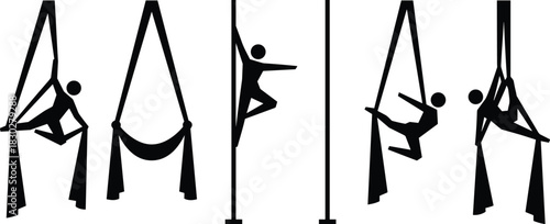 Silhouettes of female acrobats performing aerial silks and pole fitness maneuvers, illustrating artistic circus performance, extreme sport, strength, and grace.