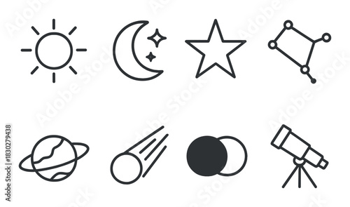 Astronomy icons: sun, moon, star, constellation, planet, comet, eclipse, telescope