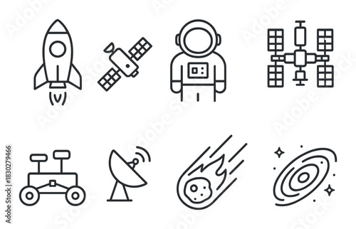Space exploration icons: rocket, satellite, astronaut, space station, rover, antenna, meteor, galaxy