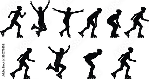 Silhouettes of female gymnasts and dancers performing complex flexibility, handstand, split, and stretching poses, illustrating sport, balance, and discipline.