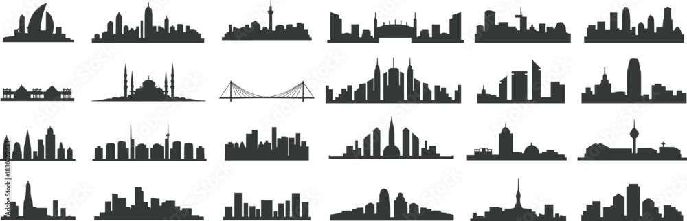 Naklejka premium Extensive vector collection of diverse city skylines, featuring famous landmarks, modern buildings, and global urban architectural elements, isolated.