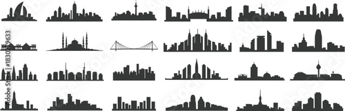 Extensive vector collection of diverse city skylines, featuring famous landmarks, modern buildings, and global urban architectural elements, isolated.