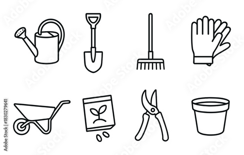 Gardening tools set: watering can, shovel, rake, gloves, wheelbarrow, fertilizer, shears, pot