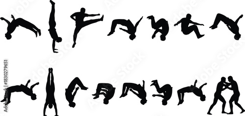 Silhouettes of gymnasts and martial artists performing acrobatic tumbles, backflips, handstands, and grappling, illustrating extreme sport, agility, and combat action.