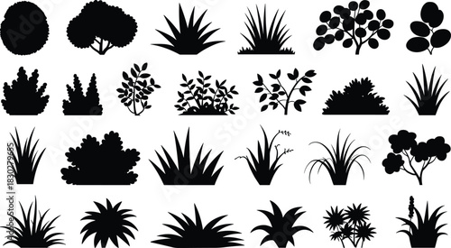 Extensive vector collection of diverse grass, shrubs, and bush silhouettes, essential for landscape architecture and garden design graphics.