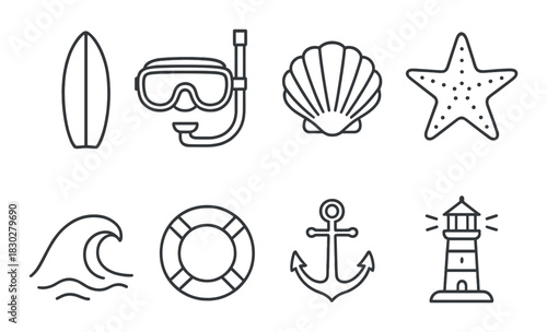 Nautical icons: surfboard, snorkel, shell, starfish, wave, lifebuoy, anchor, lighthouse