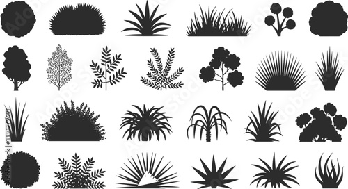 Extensive vector collection of diverse ornamental plant and shrub silhouettes, essential for landscape design, nature, and garden graphic elements.