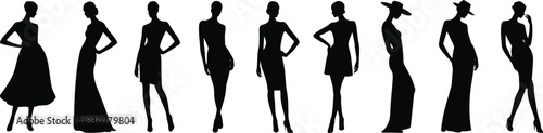 Glamorous set of female silhouettes posing in elegant dresses, representing fashion, style, beauty, and modeling, vector illustration.