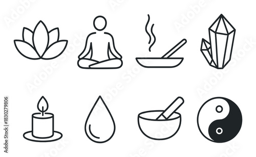 Zen icons: meditation, crystals, and harmony symbols on dark background