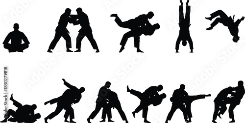Silhouettes of judo and martial arts fighters performing various throws, grappling, and dynamic combat actions, illustrating defense and traditional sports.