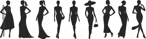 Glamorous fashion model silhouettes of women wearing elegant dresses, posing stylishly with hats and handbags, vector illustration set.