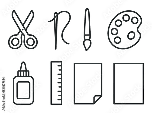 Craft tools and art supplies: scissors, needle, brush, palette, glue, ruler, paper icons