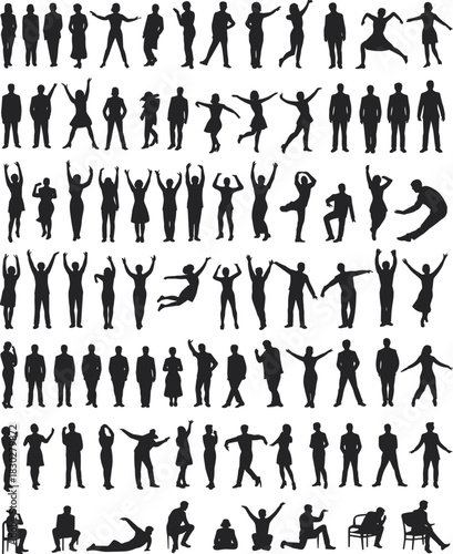 Massive collection of diverse people silhouettes in various activities, poses, actions, including standing, sitting, cheering, and dancing, vector.