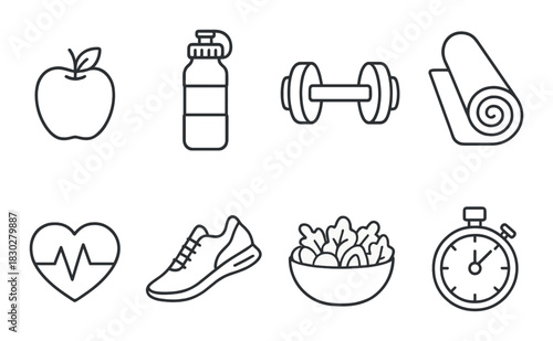 Health and fitness icons: exercise, nutrition, wellness, heart health, hydration