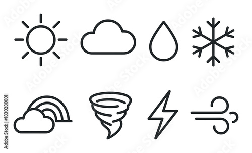 Minimalistic weather icons: sun, cloud, rain, snowflake, rainbow, tornado, lightning, wind