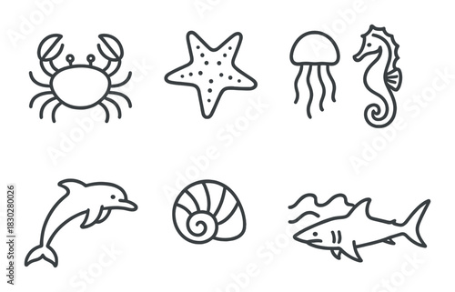 Marine animal silhouettes featuring crab starfish jellyfish seahorse dolphin shell shark
