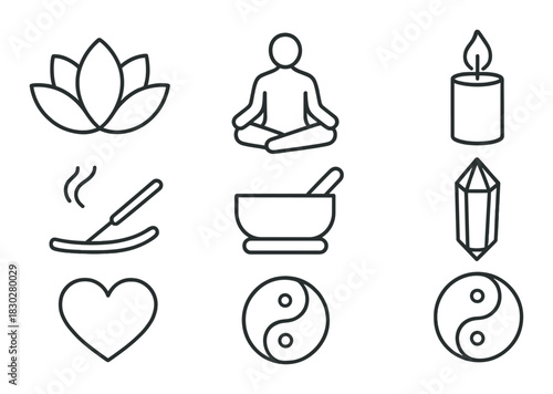 Meditation and relaxation symbols: lotus, yoga, candle, incense, singing bowl, crystal, heart, yin yang