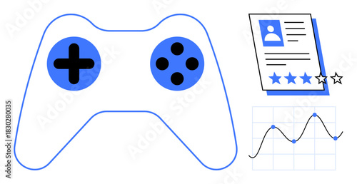Gaming controller, user profile with star ratings, and analytics chart visualizing performance. Ideal for gaming, user feedback, analytics, reviews, interaction entertainment or evaluation. Simple