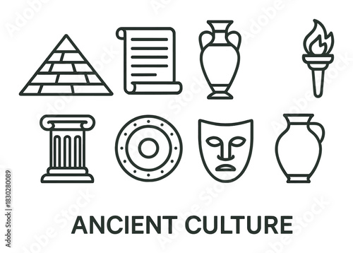 Symbols of ancient culture: pyramids, scrolls, pottery, and more icons