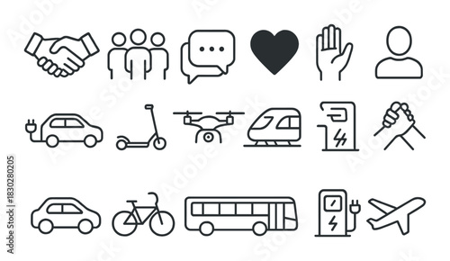 Transportation and communication icons on grayscale background
