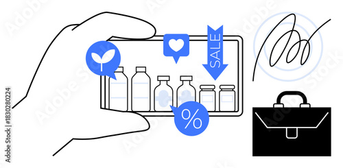 Hand holding a phone screen showing medicine bottles with icons for discount, sale, eco-consciousness, and thumbs ups. Ideal for e-commerce, marketing, pharmacy, eco-friendly goods, promotions